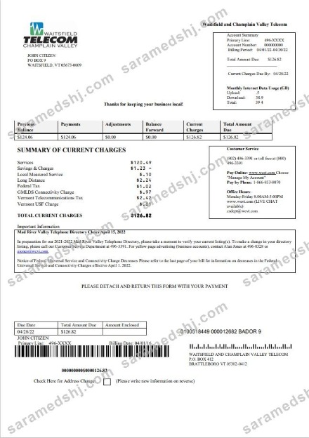USA Waitsfield Telecom utility bill template in Word and PDF format
